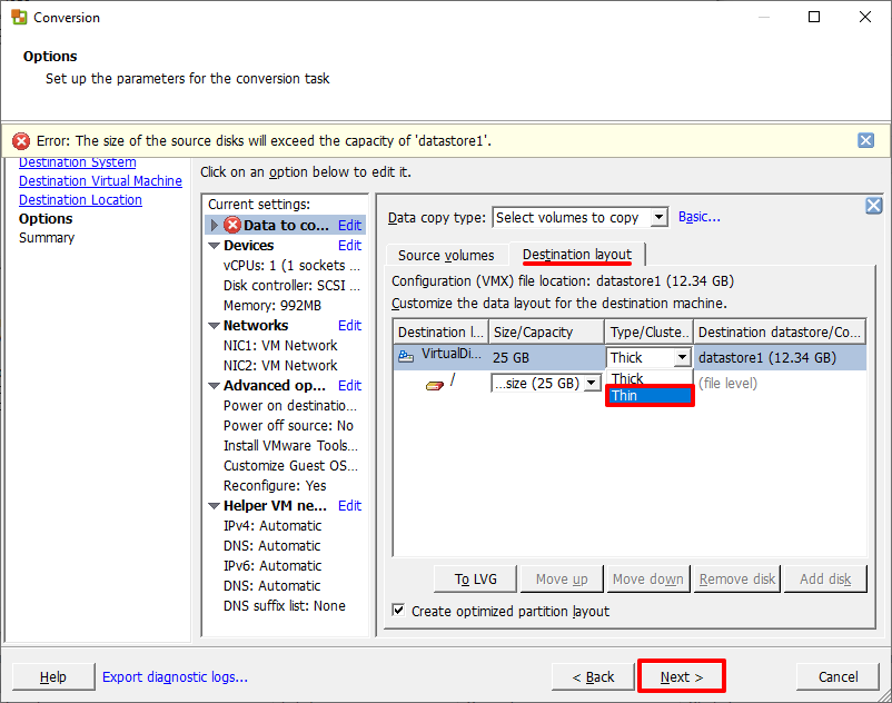 Смена типа диска VMware Converter