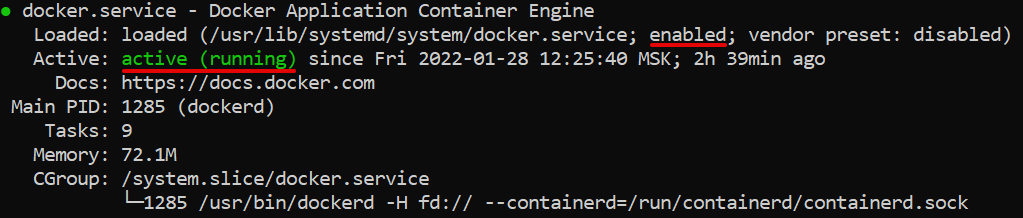 Статус службы Docker в Linux